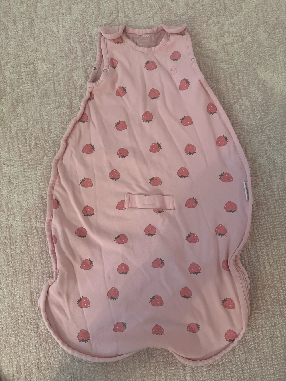 Woolino sleep sack with strawberry design. Size 2-24 months